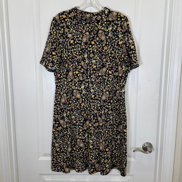 Boden Ditsy Floral Print Babydoll Mini Dress Mock Neck Black Yellow 14